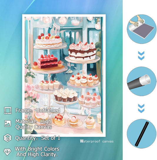 ECUASMR Trendy Cake Bakery Cafe Art Print Pink Kitchen Decor Cafe poster Danish Pastel Watercolor Painting Wall Decor for Preppy Coquette Room Girly Room and Children Room 12X16 in Unframed