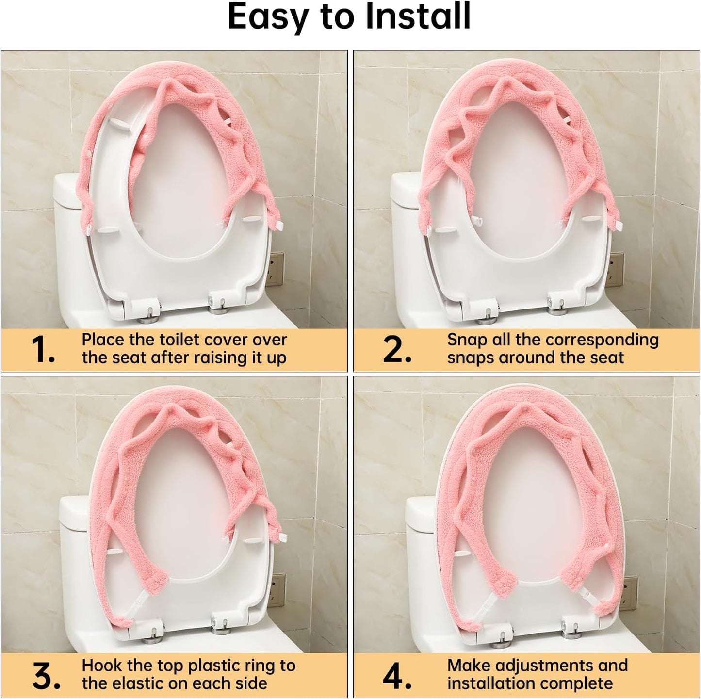 Toilet Seat Cover,Bathroom Soft Thicker Warmer with Snaps Fixed Stretchable Washable Fiber Cloth Toilet Seat Covers Pads Easy Installation& Cleaning (pink)