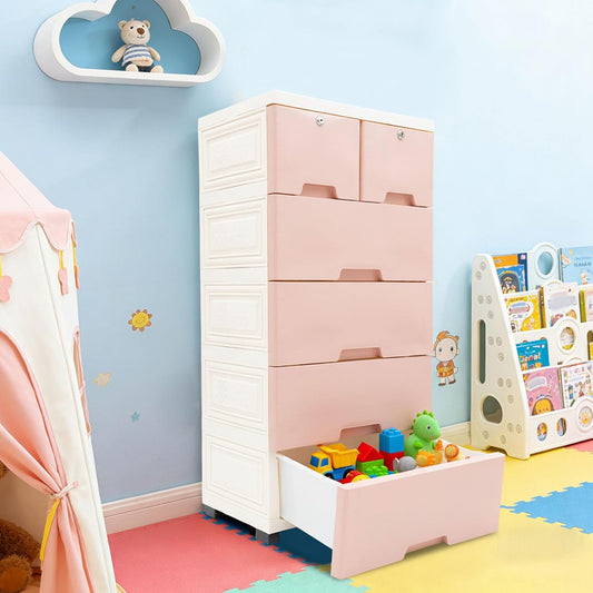 5-Layer 6-Drawer Rolling Storage Cabinet, Pink White PP Dresser with Lock, Modern Organizer, Mobile Clothes Bin with Wheels, Large Capacity, Anti-Slip, Easy Install for Bedroom