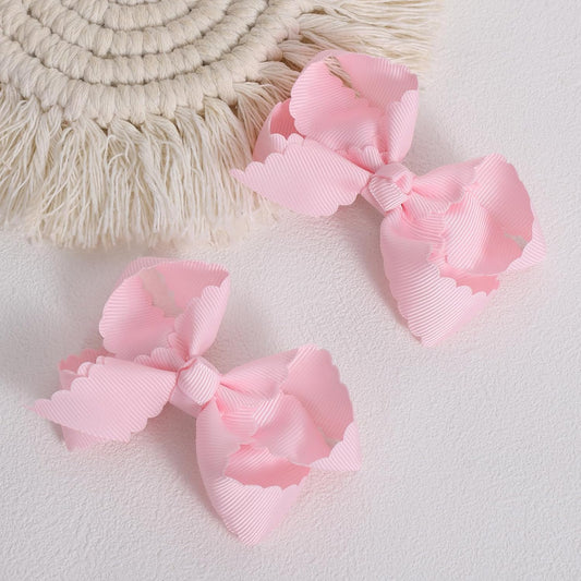 Pink Grosgrain Ribbon Scalloped Hair Bows for Girls,2Pcs 3" Small Cute Dressy Bow Alligator Clips,Valentines Birthday Party Decor Accessories Gift for Toddlers Teens Baby School Kids