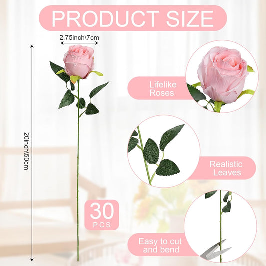 30 PCS Artificial Roses with Long Stems - Light Pink Real Touch Roses Silk Fake Flowers Bulk Realistic for DIY Floral Arrangement Wedding Bridal Bouquet Table Centerpieces Decor