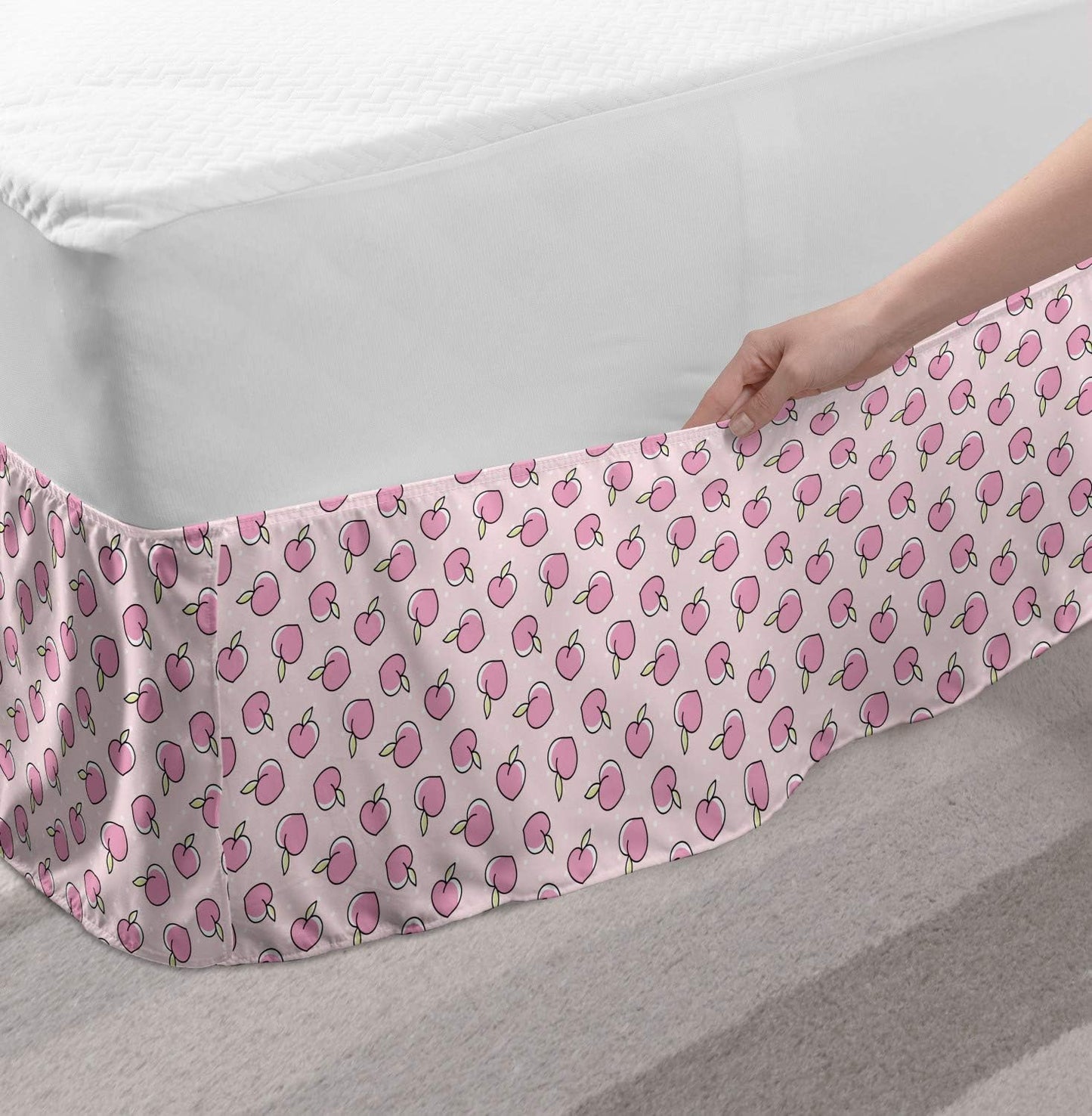 Lunarable Peach Pink Bedskirt, Numerous Repetitive Little Cartoon Illustrated Fruits on Dotted Backdrop, Bedroom Decor Wrap Around Elastic Bed Skirt Gathered Design, Queen, Rose Pale Green