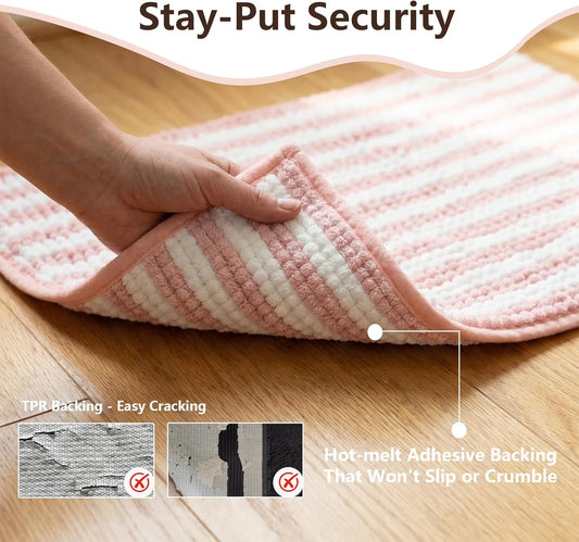 Chenille Bathroom Rug Non Slip Washable, Absorbent Bath Mat with Quick Dry Surface and Durable Hot Melt Adhesive Backing for Floor, Tub, Shower, Sink, Small (16" x 24"), Pink and White Pinstripe