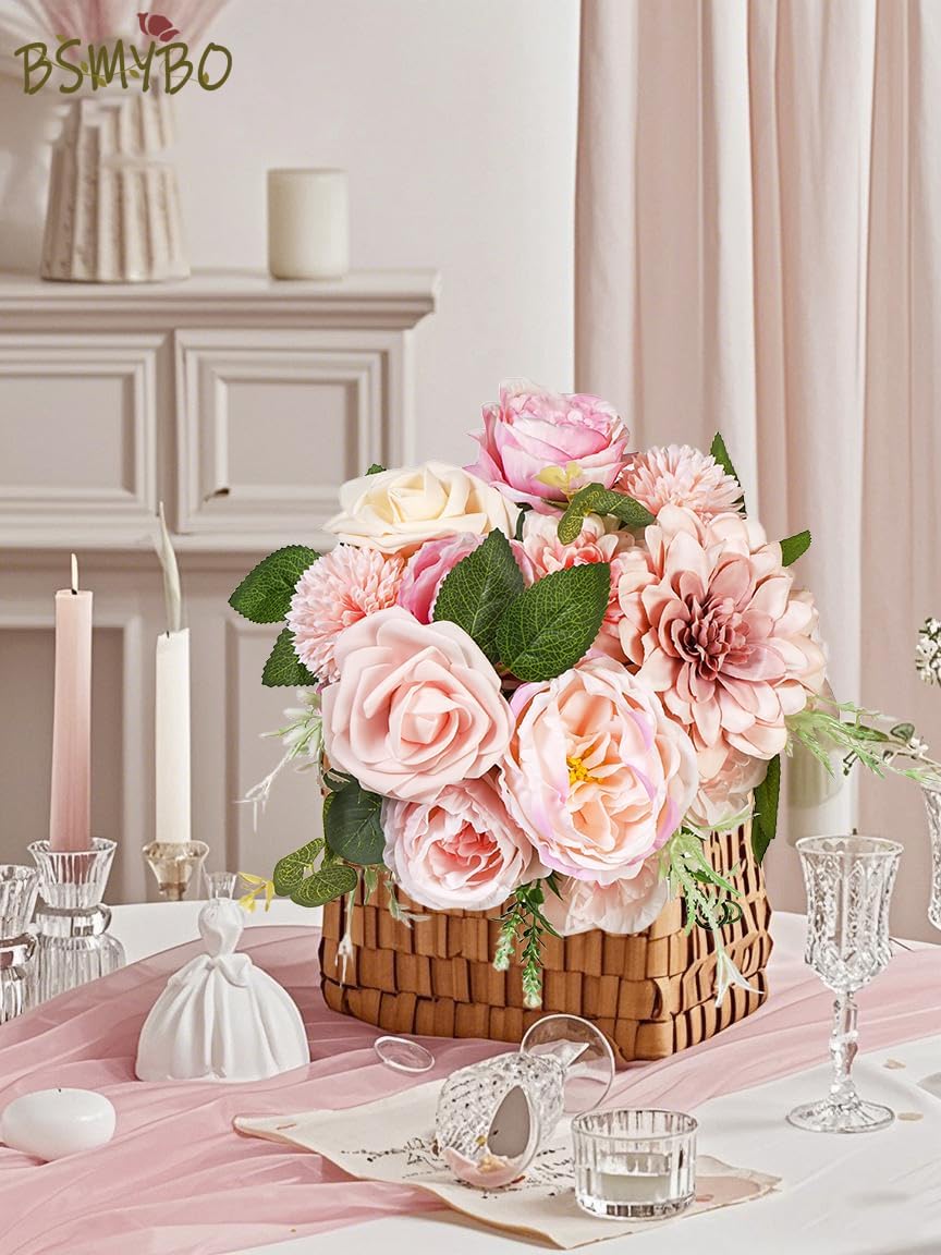 BSMYBO Roses Artificial Flowers Combo Pink Flower Bouquets Box with Stems for DIY Bridal Wedding Bouquets, Baby Shower Decorations Fake Floral Arrangements Table Centerpieces Home Decor Indoor
