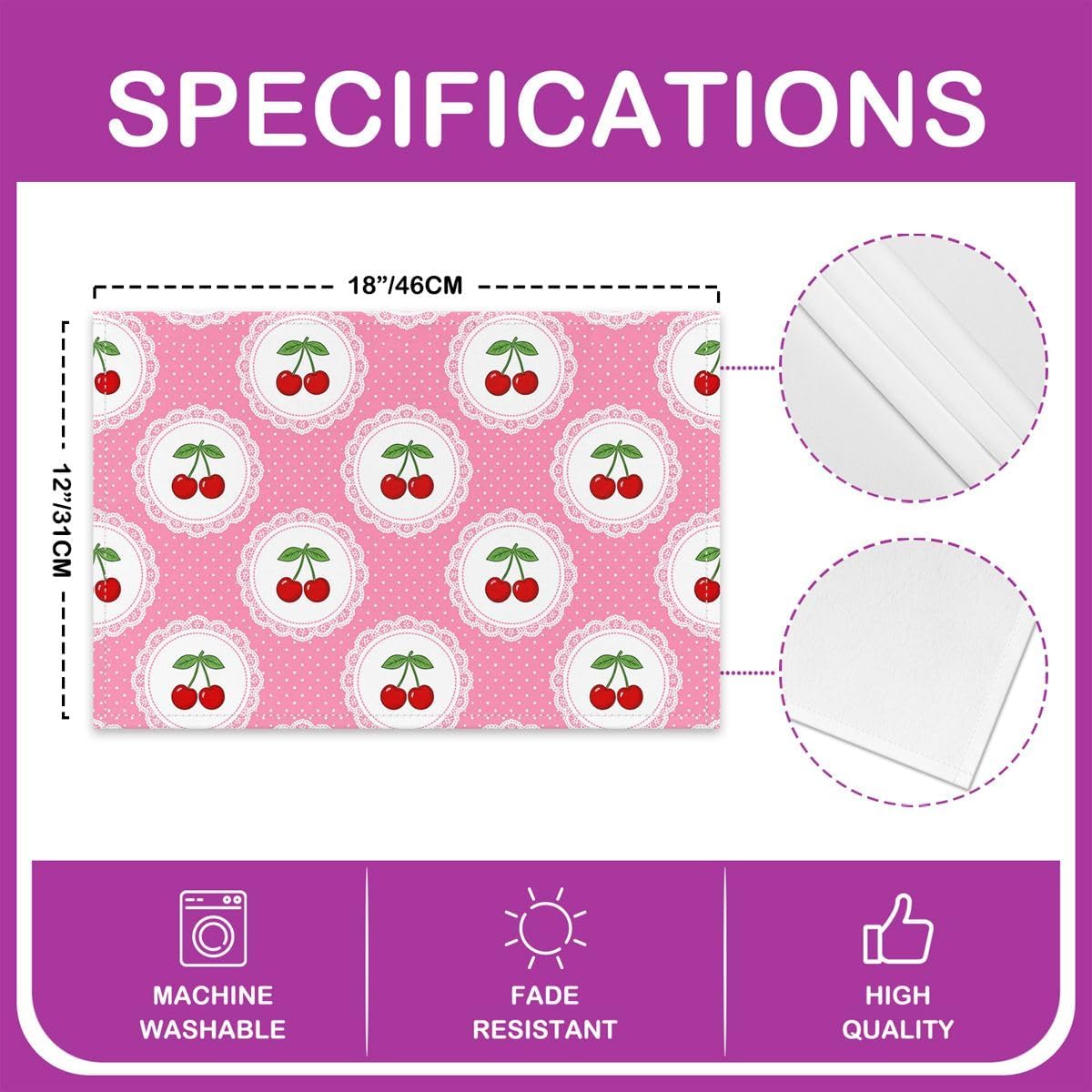 Manfei Cute Cherry Placemats Set of 4,Polka Dots Fruits Place Mats,Princess Style Placemat for Kitchen Dining Table Peach Pink Table Mats Indoor Outdoor 18"x12"