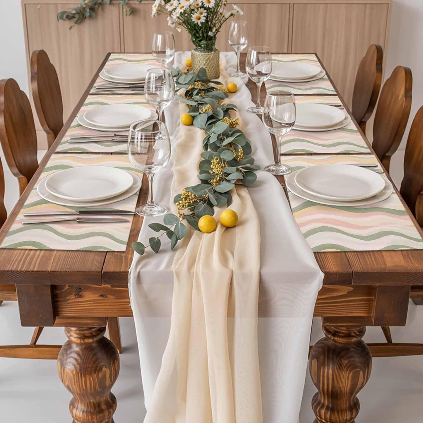 Placemats Light Green Pink Stripes Table Mats Set of 4, Washable Heat Tolerant Low Saturation Colorful Pattern Placemats for Indoor Kitchen Dining, Outdoor Party Dinner,13x19IN