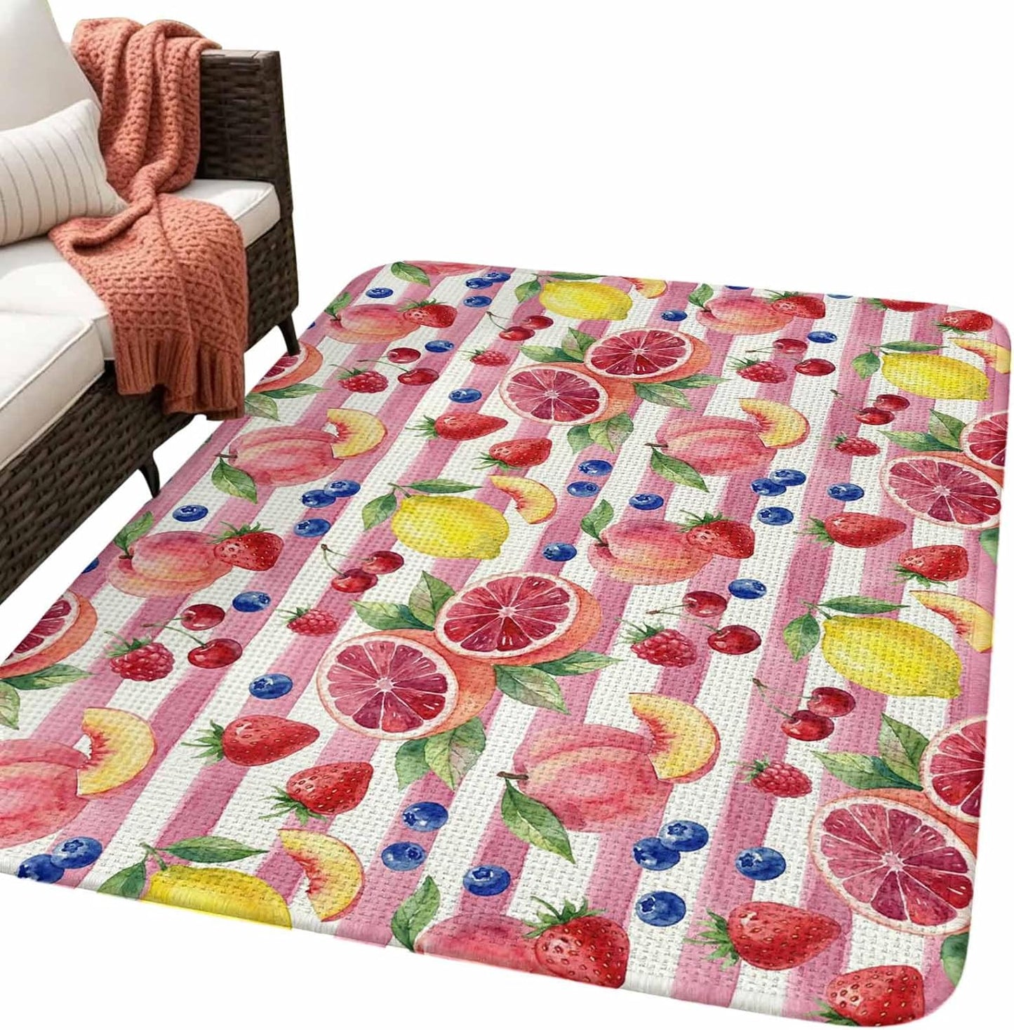Living Room Rug Summer Peach Lemon Grapefruit Area Rug Washable Rugs for Bedroom Dining Room, Blueberry Strawberry Pink Stripe Non-Slip Absorbent Floor Carpet Area Rugs 63x91in