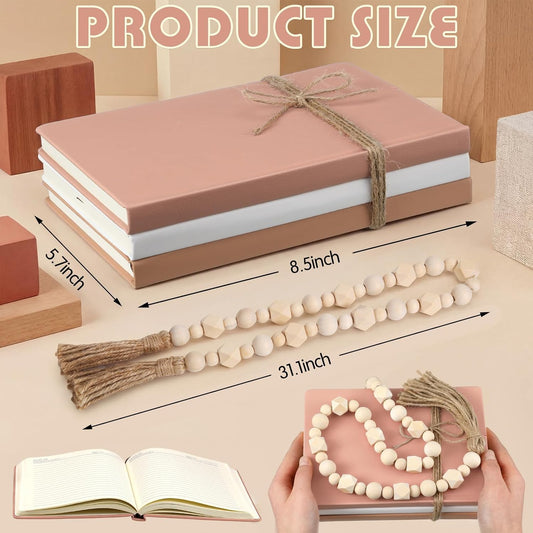 Feifeiya 3 Pieces Faux Decorative Books Set for Home Decor Fake Book for Shelves Coffee Table Stacked Linen Covered Display Notebook with Wood Bead Bookend Gift for Living Room(Neutral Pink)
