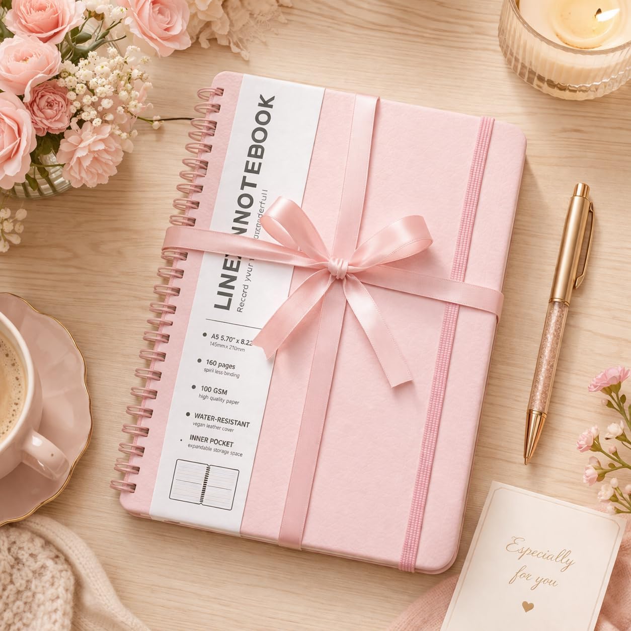 Lined Spiral Journal Notebook, A5 Hardcover Leather Notebook for Work, 5.7''×8.2'', 100GSM Thick Paper Spiral Bound Journaling Notebooks for Women & Men Office School Note Taking Business, Pink