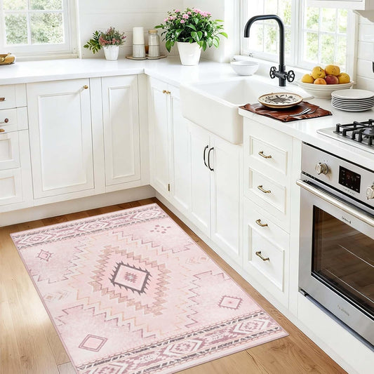 Yinhua Pink Rug 2x3 Non Slip, Western Washable Rug Low-Pile, Soft Moroccan Door Mat Indoor Entrance with Rubber Backing, Stain Resistant Aztec Small Rugs for Bathroom Kitchen Hallway