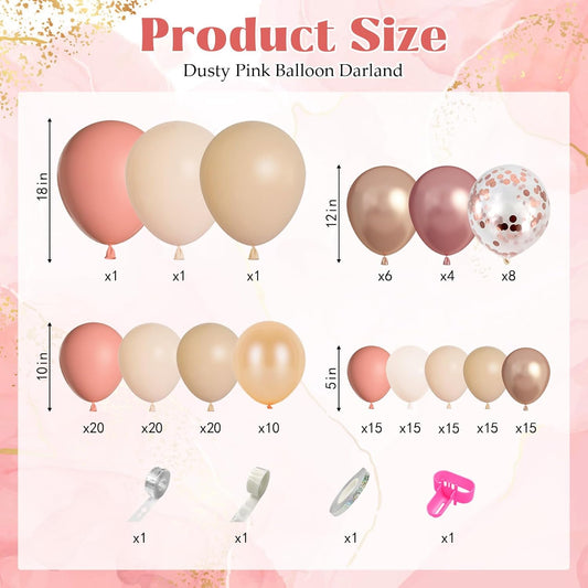 170Pcs Blush Dusty Rose Pink Balloons Garland Arch Kit, Boho Peach Rose Gold Neutral Confetti Balloons for Girls Women Bridal Baby Shower Wedding Engagement Birthday Party Decorations