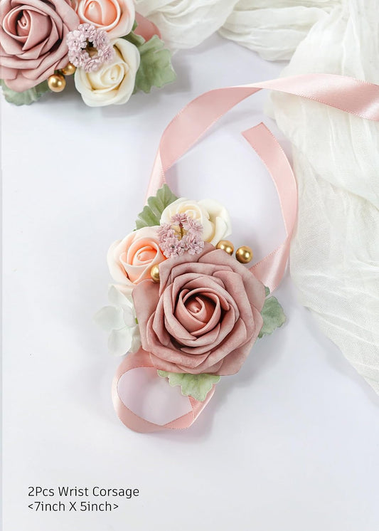 Set of 2 Wrist Corsage Wristlet for Wedding Bridesmaid Mother Grandmother for Bridal Shower Wedding Artificial Roses Flower Prom Dusty Blush Pink