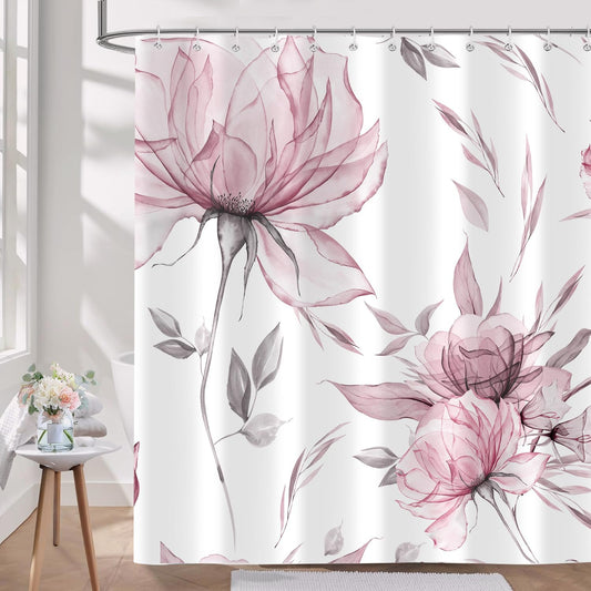 Pink Grey Watercolor Floral Shower Curtain, Flower Leaves Minimalist Aesthetic Art Shower Curtains for Bathroom Sets Decor, Waterproof Polyester Cloth Fabric with 12 Hooks,72x72 Inch