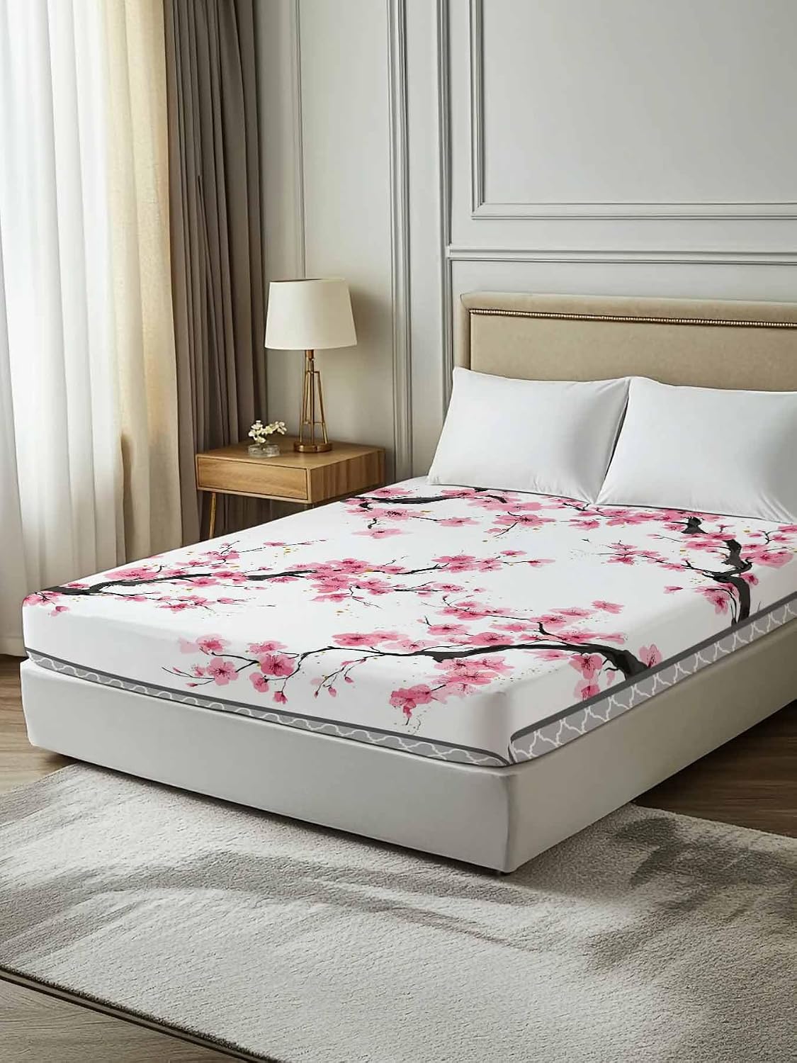 Spring Pink Flowers Full Size Sheets - Hotel Quality Full Flat Sheet Only 1 Pack, Botanical Peach Blossoms Floral Soft Bed Sheet Brushed Microfiber Bedding Top Sheets for Home Dorm