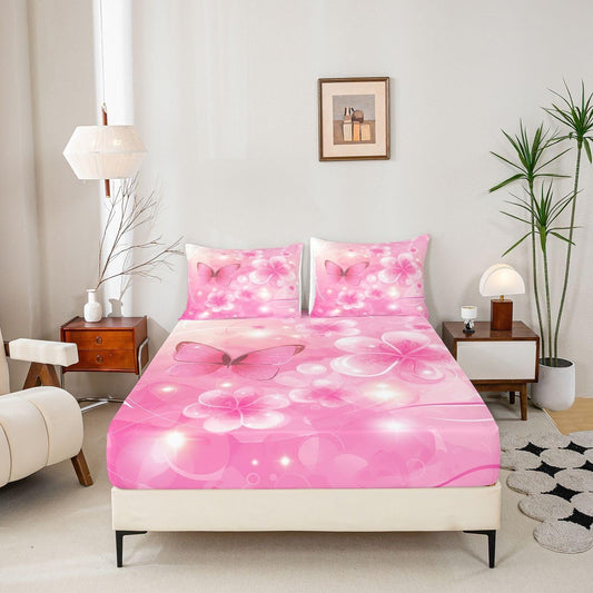 Erosebridal Flower Fitted Sheet Queen Size Butterfly Bed Sheets Glitter Peach Blossom Dots Princess Bedding Set for Kids Boys Girls Dreamy Pink Florals Line Sheets