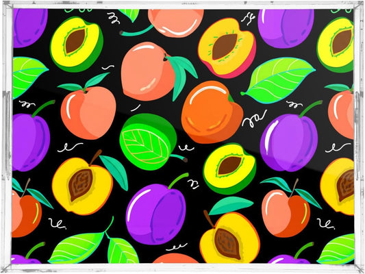 Peach Fruit Drawing Black Serving Tray with Handles Decorative Ottoman Rectangle Acrylic Tray for Kitchen Coffee Table Living Room 16x12 Inches