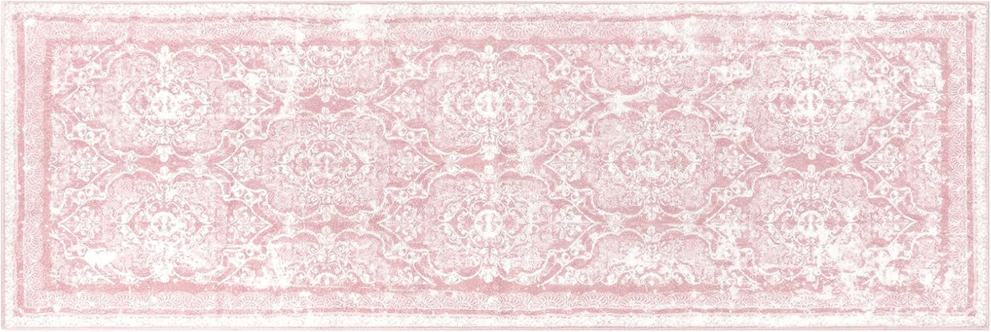 Vaukki Hallway Runner Rug, Vintage Shaggy Soft Laundry Rug Runner, Non Slip Entryway Runner Mat, Washable Farmhouse Kitchen Area Carpet for Bathroom, Entryway and Bedroom (2' X 6', Pink)