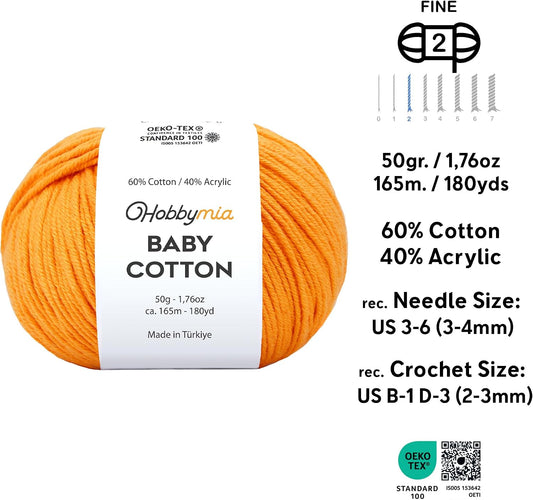 Baby Cotton Blend Yarn – Soft Sport Weight Yarn for Crochet & Amigurumi - 50g/180yds - 60% Cotton 40% Acrylic - Ideal for Baby & Knitting Proj.(Apricot, 1 Ball)