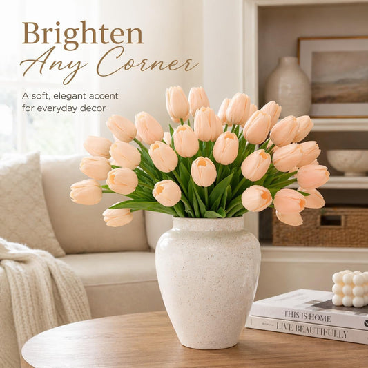 MACTING 30 PCS Artificial Tulip Flowers 13.7" Real Touch Fake PU Tulips Bouquet Faux Flowers for Floral Arrangements Table Centerpieces Kitchen Mothers Day Summer Decorations,Light Pink