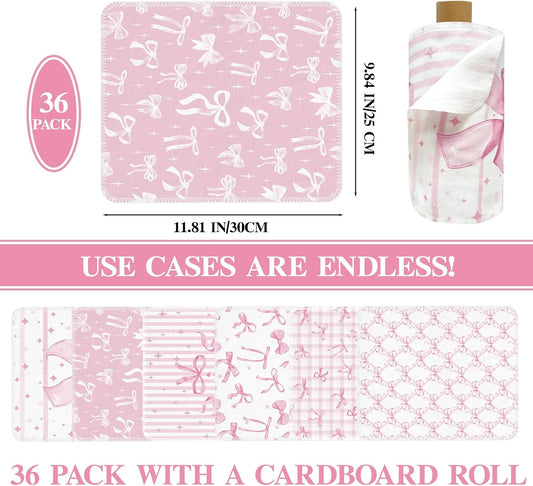 36 Pack Reusable Paper Towels Pink Bow Kitchen Towels Coquette Style Reusable Cotton Cleaning Cloths Cute Ribbon Pattern Washable Absorbent Dish Rags for Home Kitchen