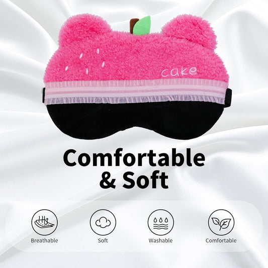 PERFECTSIGHT Sleep Eye Masks, Cute Bear Plush Sleep Eye Cover Lightweight Adjustable Eyeshade Faux Fur Mask Cover for Women Men Kids Sleep Travel Nap, Rose Pink Cake
