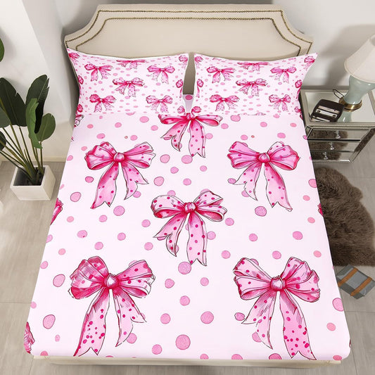 Erosebridal Pink Princess Bow Fitted Sheet Twin Cute Coquette Bowknot Bed Sheets Kawaii Ribbon Bow Bedding Set for Kids Girls Teen Women,Pink Watercolor Polka Dot Bed Cover 2 Pcs