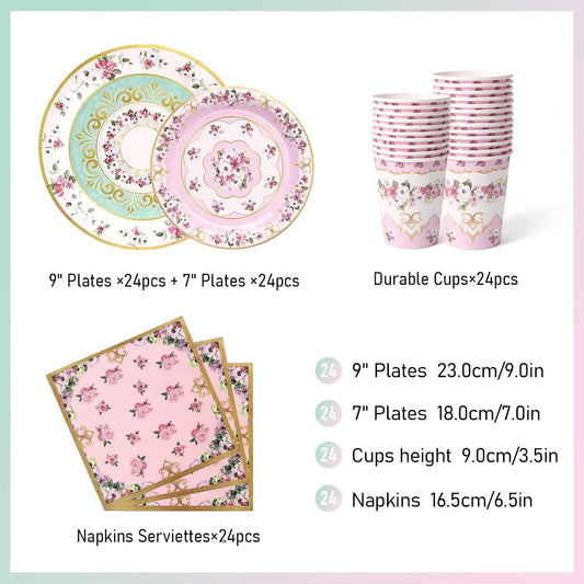 96 PCS Floral Paper Plates, Pink and Green Vintage Floral Paper Plates and Napkins Party Supplies for Birthday Bridal Shower Picnic Tea Time, Serve for 24 Guests