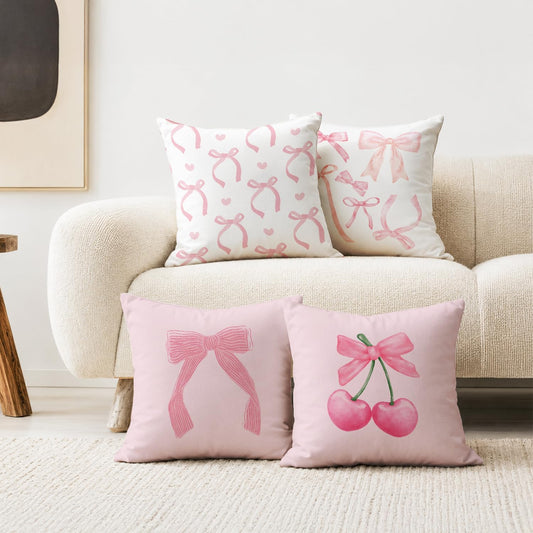 Coquette Room Decor,Pink Cute Bow Throw Pillow Covers 18x18 Set of 4,Gifts for Teen Girls Women,Pink Decorative Pillowcase for Sofa Couch Bedroom Chair Home
