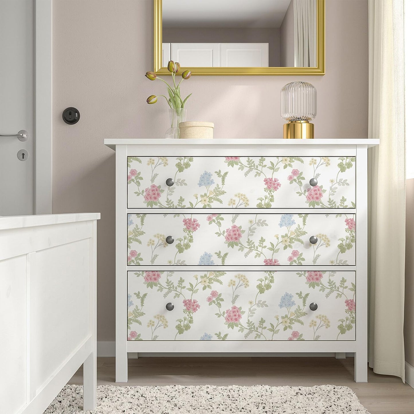 Orainege Pink Floral Peel and Stick Wallpaper Removable Self Adhesive Wall Paper 16.9inx118.1in Modern Wallpaper for Bedroom Bathroom Green Leaf Contact Paper for Cabinets