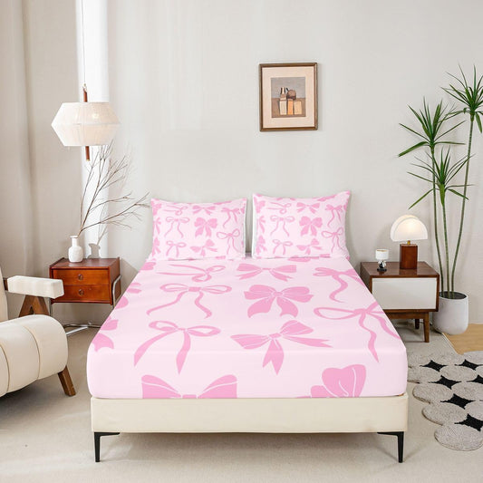 Feelyou Bow Fitted Sheet Queen Size for Kids Boys Girls Cute Bowknot Bed Sheets Set 16" Deep Pocket Soft Breathable Microfiber Pink Peach Bedding with 2 Pillowcases Room Decor