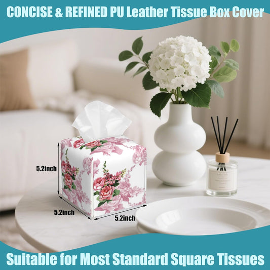 Vintage Roses Leather Tissue Holder,Pink Flowers Square Tissue Box Cover,Modern Decorative Facial Tissue Cube Paper Cover for Car Bedroom Nightstand Vanity Desk Office Table Top,5.2" x 5.2" x 5.2"