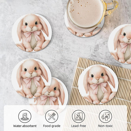 Watercolor Animal Light Pink Bunny Wearing Bow Ceramic Coasters with Holder Set of 6 Coffee Cup Drink Coasters
