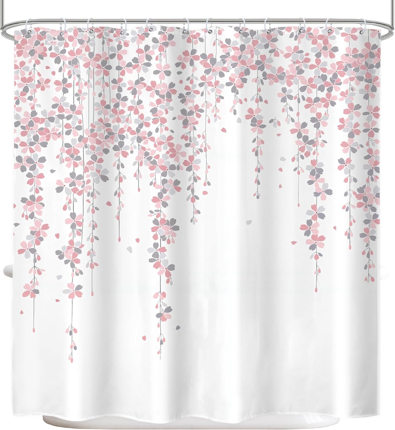 Grey Pink Floral Shower Curtain 72Wx72H Inches Dusty Rose Cherry Blossom Blooming Weeping Flowers Spring Bathroom Home Decor Cloth Fabric Waterproof Polyester Bathroom Set with Hooks