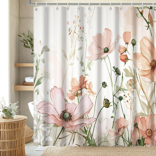 Dusty Pink Floral Shower Curtain, Spring Watercolor Wildflower Shower Curtain Set Waterproof Modern Farmhouse Bathroom Decor with Hooks, 72x72 Inch