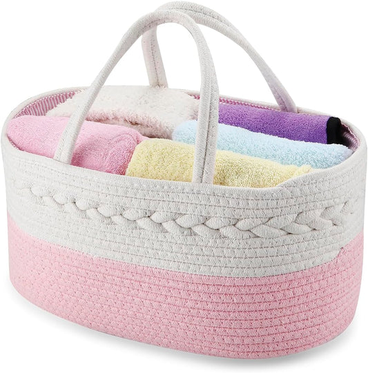 PandaEar Baby Diaper Caddy Organizer Cotton Rope Nursery Storage Basket Portable Car Organizer for Baby Shower Gifts Newborn Infants -Pink