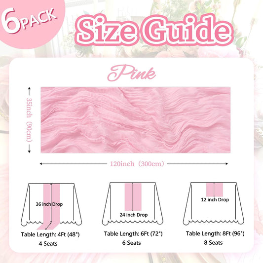 6 Pack Pink Table Runner 10ft Boho Gauze Fabric Cheesecloth Table Runner 35 x 120 Inch Rustic Sheer Runner for Holiday Baby Shower Home Décor Party Wedding Decoration