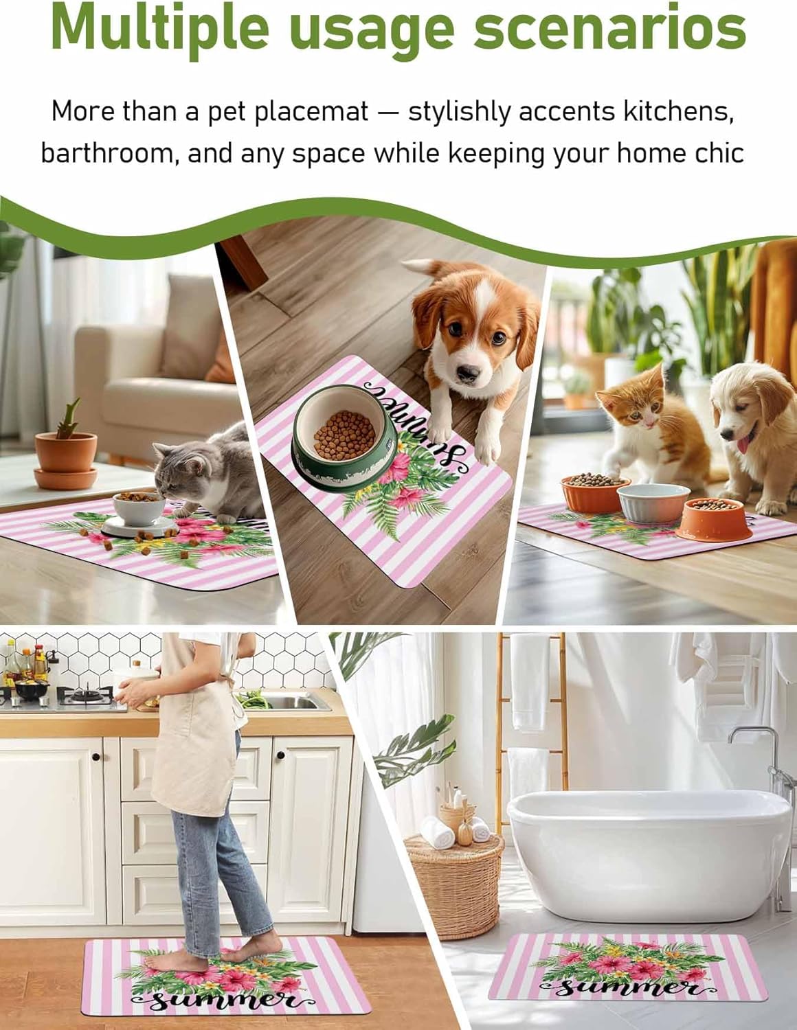 Summer Botanical Doormat Bath Mat Quick Dry Non Slip Rug with Rubber Tropical Plants Pink Stripe Water Absorbing Mat for Bathroom Kitchen Front Door Laundry Room 24" x 16"