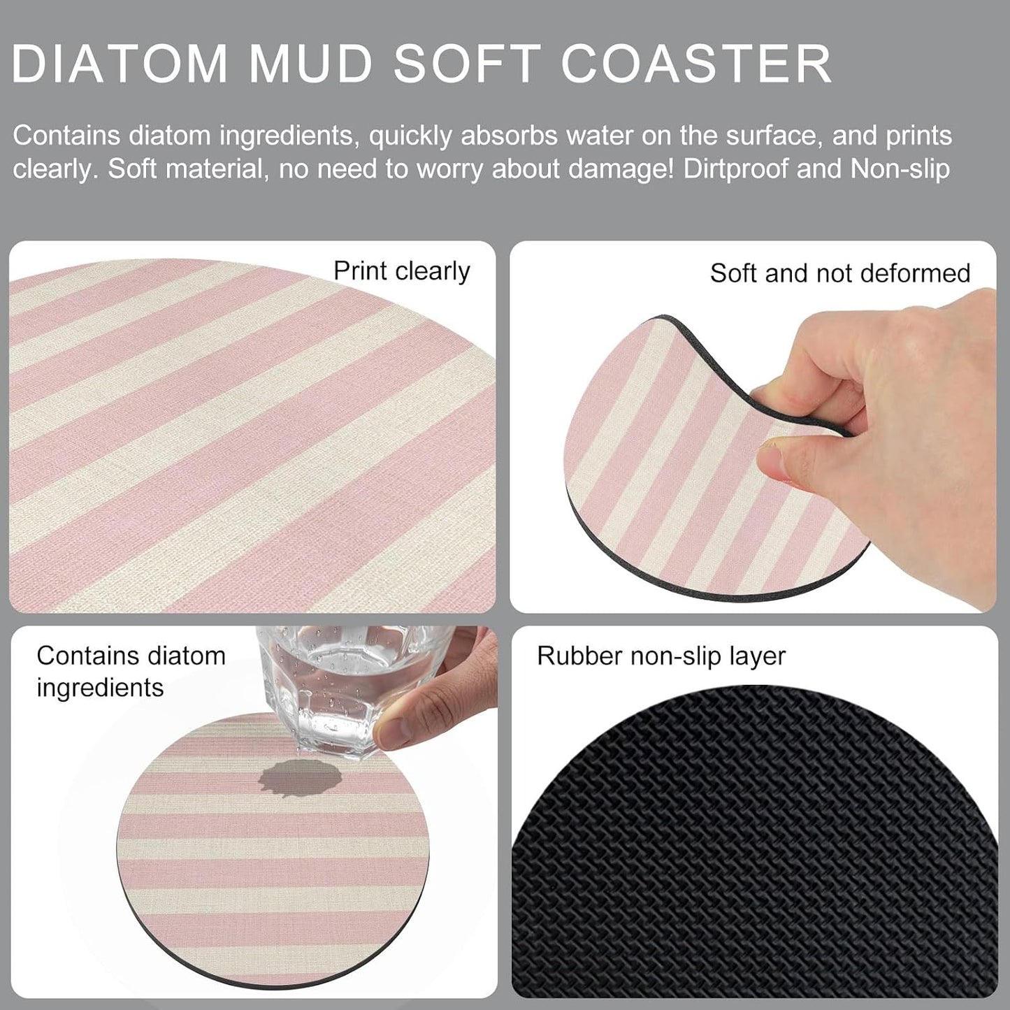 Pink Striped Coasters Set of 2, Absorbent Coasters for Drinks, Retro Minimalism Classic Stripes Lines Coaster for Bar Office Dining Coffee Table Accessories Decor, Non Slip Round Desk Coaster
