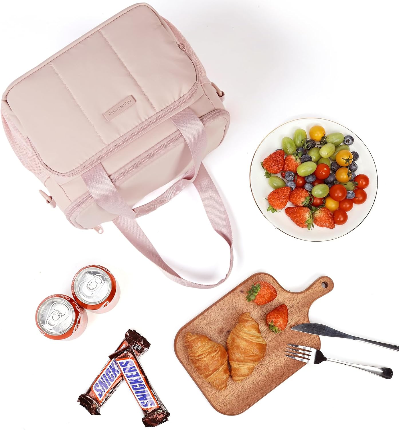 NISHEL Lunch Bag for Women, Insulated Leakproof Cooler Case with Detachable Shoulder Strap & Multiple Pocket, Easy-Clean PEVA Lining, Puffy Design for Work,Medium Size, Pink