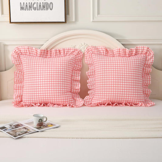Silnuo Pink Plaid Ruffle Throw Pillow Covers Set of 2,Shabby Washed Cotton Checkered Gingham Pillow Shams Decorative Pillowcases for Sofa,Couch,Liviing Room