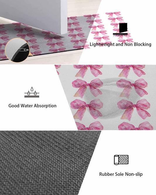 Bath Rugs,Spring Idyllic Pink Bow on White Absorbent Diatomaceous Earth Bath Mat Quick Drying Non Slip Washable Shower Mat 18x30IN,Watercolor Ribbon Doormat for Bathtub Kitchen Living Room