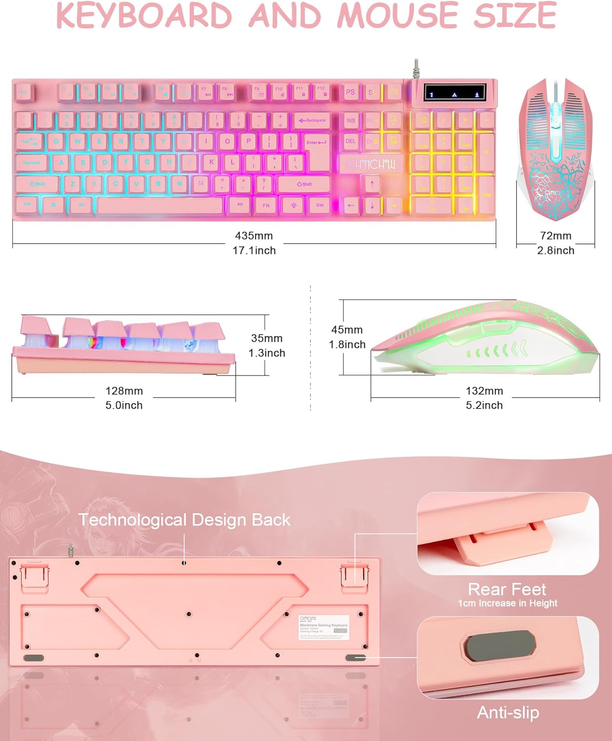 CHONCHOW Pink Gaming Keyboard and Mouse Combo with LED, 104 Keys Wired Light Up Pink Keyboard and Cute Mouse Set for PC Laptop Computer PS4 PS5 Xbox, 19 Keys Anti-ghosting, Multimedia Keys, Number Pad