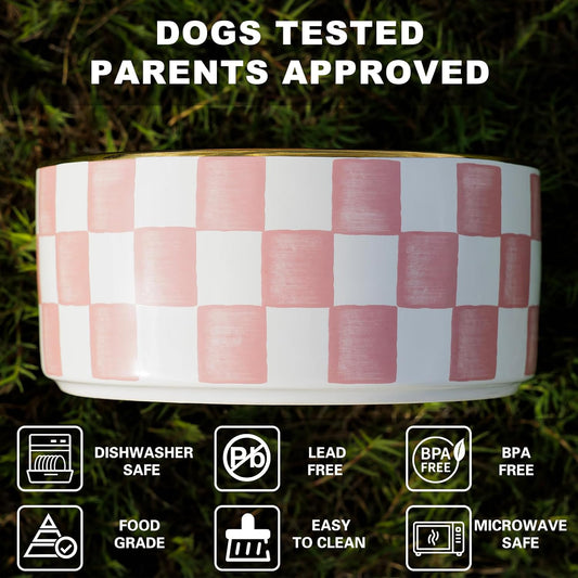 Ceramic Dog Bowls for Medium Dogs, 3.5 Cups Checkered Dog Food and Water Bowl with Acacia Wood Stand, Non-Slip Anti-Tip Elevated Feeding Station, Pink and White