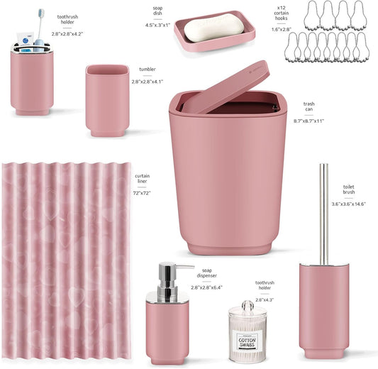 IMAVO Pink Bathroom Accessories Set with Shower Curtain,23 Piece Bathroom Set,Tray,Trash Can,Soap Dispenser,Soap Dish,Toothbrush Holder,Toothbrush Cup,Toilet Brush and Qtip Holders