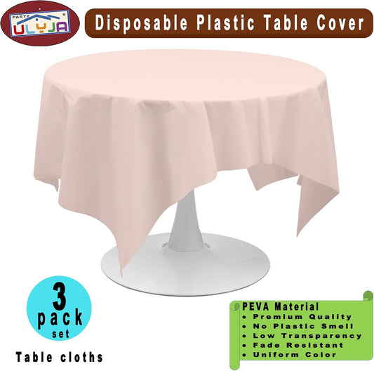 PARTY ULYJA Blush Pink Tablecloths Plastic 3 Pack Premium 84 Inches Disposable Table Covers Decorative Table Cloths for Round Dinning Kitchen Tables