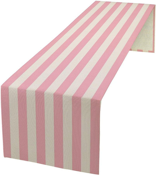 Stripe Table Runner Vertical Pink White Stripe Pattern for Indoor Outdoor Party Dinner Festival Farmhouse Holiday Dining Room Home Kitchen Restaurant, 13x36in