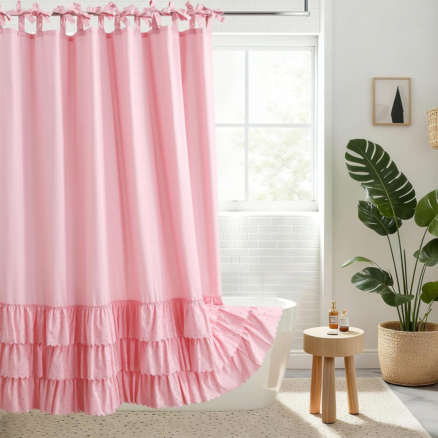Boho Pink Ruffle Shower Curtains,Waterproof Microfiber Fabric Bow-Tie Decorative Bath Curtains for Bathroom,72" W x 72" H