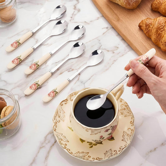 YOLIFE 6 Pcs Pink Rose Teaspoons, 6 Inches Stainless Steel with Ceramic Handle Tea Spoons, Small Ivory Vintage Coffee Spoons for Dessert, Sugar, Tea Party