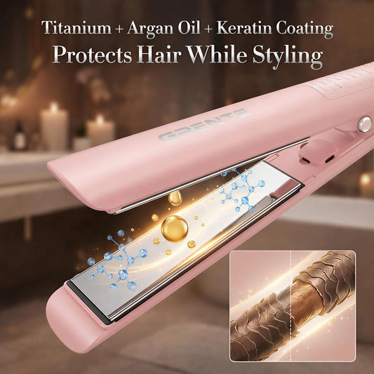 Titanium Flat Iron Travel Hair Straightener and Curler 2 in 1 with Quick Fast Heating, 1 Inch Professional Straightening Iron, 5 Temp Settings for All Hair Types, Dual Voltage & Auto-Shut Off(Pink)