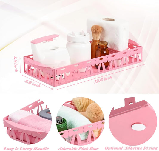 Pink Bow Toilet Paper Basket, Cute Metal Toilet Tank Organizer with Handle, Coquette Preppy Bathroom Storage Holder for Toilet Paper, Bathroom Decor for Restroom
